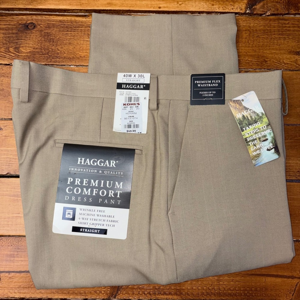 Haggar Dress Pants Mens 40x30 Khaki Premium Comfort Straight Stretch Office NEW